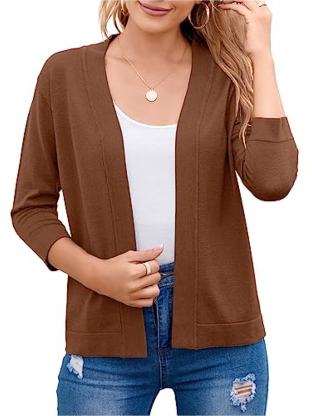 Elegant Cropped Cardigan 3/4 Sleeve Open Front Shrug Sweater